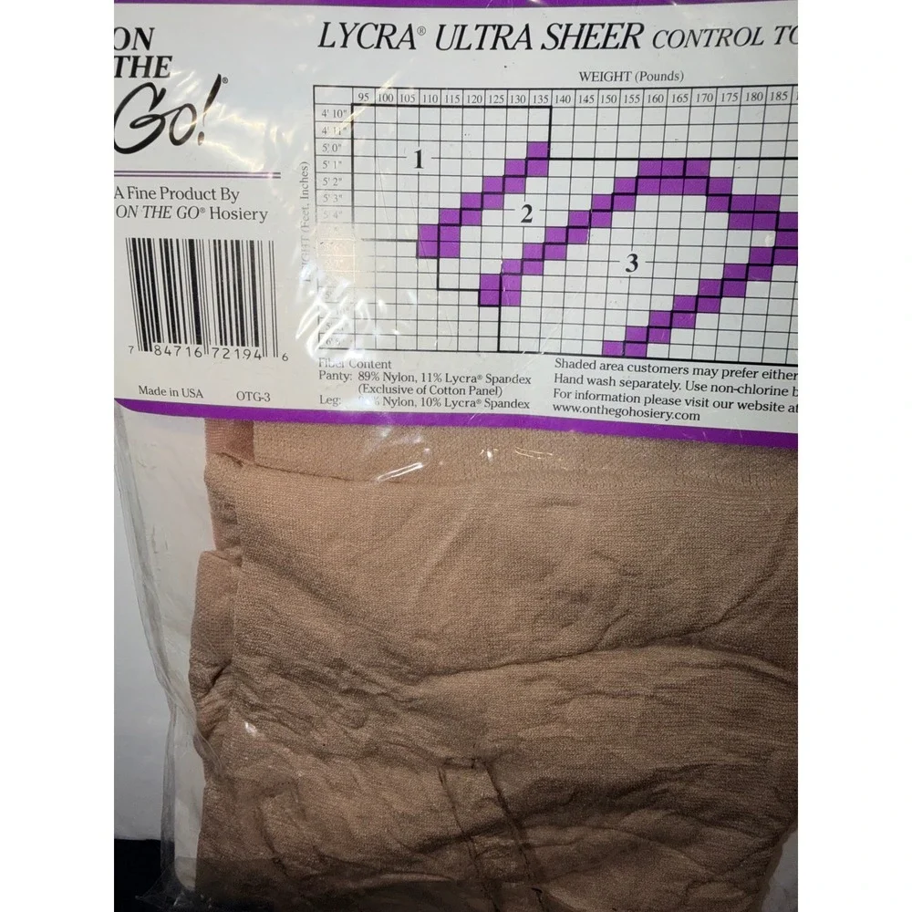 On The Go! Lycra Ultra Sheer Control Top Pantyhose Nude Sz 3 Sandalfoot OTG-3
